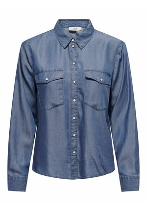 Džinsinis marškiniai su ilgomis rankovėmis, dviem krūtinės kišenėmis ir klasikiniu apykaklės dizainu, vidutinio mėlynumo plaunant. Lygus tekstūra ir švarus užbaigimas.