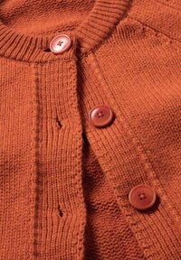 Zehnfarbiger Strickcardigan in Rostfarbe mit einem gerippten Kragen und drei runden Knöpfen, der eine weiche Textur und ein sichtbares Strickmuster aufweist.