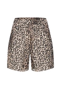 Kraťasy s leopardím vzorem, volného střihu, s elastickým pasem a lehkou tkaninou, s béžovým základem a černými skvrnami.