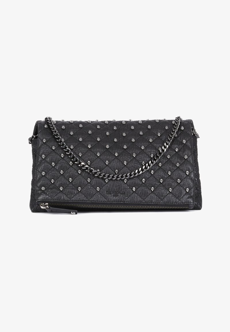 Black quilted leather handbag with silver skull studs, featuring a chain strap and zippered pocket at the bottom. Textured finish.