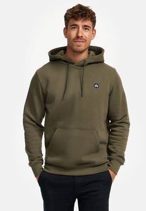Olive green hoodie with a front pocket, adjustable drawstring, and a small dark blue logo on the chest. Soft texture and relaxed fit.
