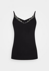 Haut caraco noir avec fines bretelles réglables, orné d'une délicate bordure en dentelle le long de l'encolure. Tissu lisse avec une silhouette ajustée.