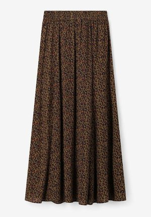 Maxi skirt with an elastic waistband, made from soft fabric, featuring a brown leopard print pattern and a flowy, gathered design.