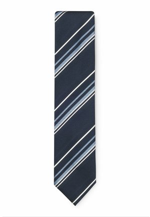 Marineblaue Krawatte mit diagonalen weißen und hellblauen Streifen, strukturierter Stoff, spitze Spitze.