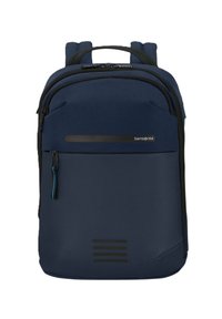 Zaino Samsonite blu navy dal design elegante, in tessuto, con dettagli in metallo nero, compartimenti con zip e un pannello inferiore strutturato.