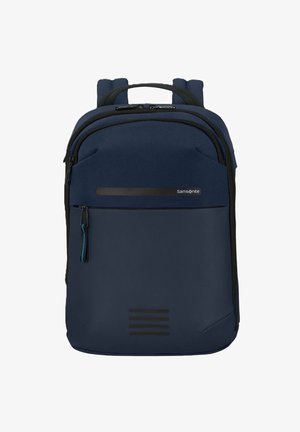 Zaino Samsonite blu navy dal design elegante, in tessuto, con dettagli in metallo nero, compartimenti con zip e un pannello inferiore strutturato.