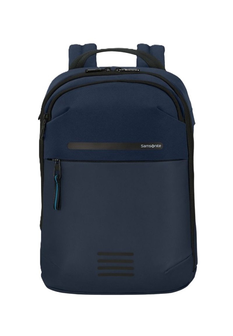Zaino Samsonite blu navy dal design elegante, in tessuto, con dettagli in metallo nero, compartimenti con zip e un pannello inferiore strutturato.