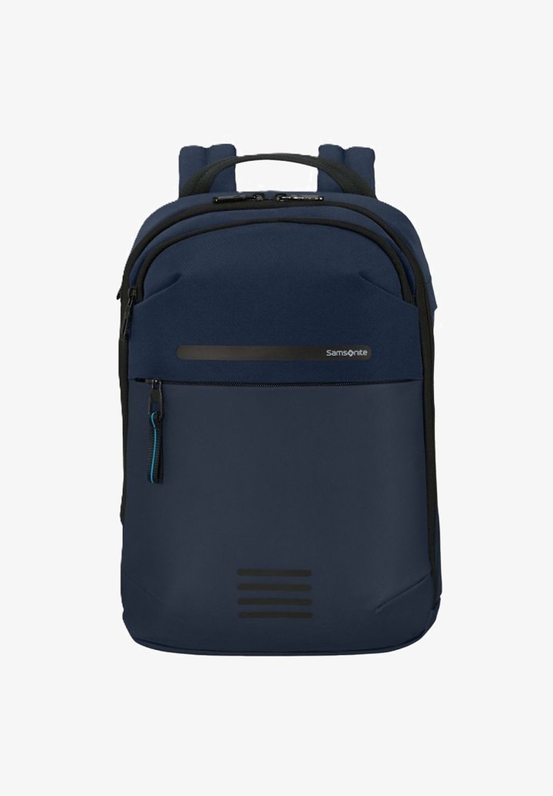 Zaino Samsonite blu navy dal design elegante, in tessuto, con dettagli in metallo nero, compartimenti con zip e un pannello inferiore strutturato.