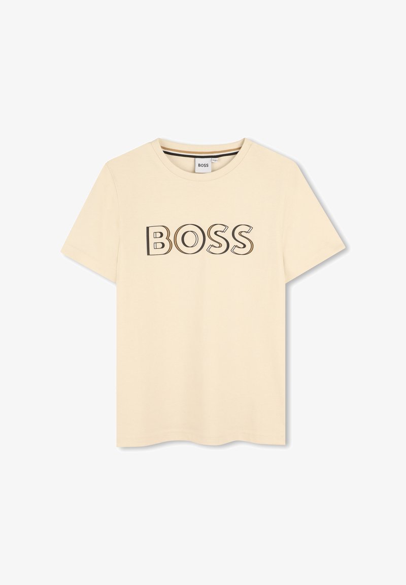 T-shirt en coton beige clair à manches courtes et à col rond, portant le mot "BOSS" en typographie audacieuse et en contours à l'avant.