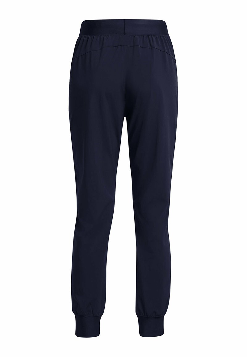 Marineblaue Jogginghosen aus glattem Material; elastischer Bund, schmal zulaufende Bündchen und dezente Nahtdetails auf der Rückseite.
