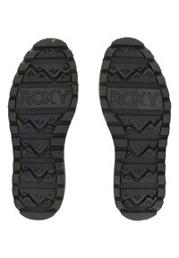 Suelas de zapatos de goma negra con patrones de surcos profundos y "ROXY" grabado en el centro. Presenta acentos en zigzag y texturizados para mayor agarre.