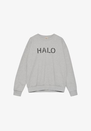 Grijze sweatshirt van katoen, met een ronde hals, lange mouwen en het woord "HALO" in dikke zwarte letters op de voorkant gedrukt.
