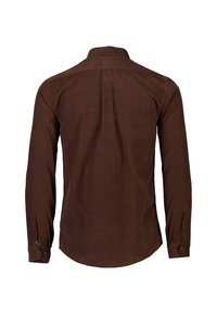 Bruine langemouwhemd met een kraag, achterkant met yoke en knoopmanchetten. Gemaakt van een gladde stof met een solide, consistente textuur.