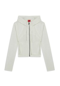 Sweat à capuche court gris clair avec une fermeture éclair, deux poches avant et une fermeture éclair noire ; présente des détails de couture subtils.