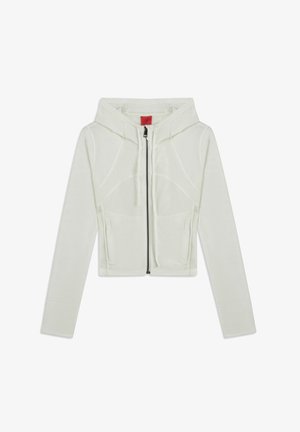 Gekürzte, hellgraue Kapuzenjacke mit Kapuze, zwei Fronttaschen und schwarzem Reißverschluss; verfügt über dezente Steppdetails.