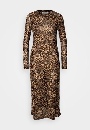 Long-sleeve leopard print dress with a sheer, textured fabric; features a form-fitting silhouette and round neckline; brown and tan colors.