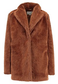 Brun konstläderpäls med sjalkrage, långa ärmar och öppen frontdesign. Mjuk textur och avslappnad silhuett, lämplig för lager-på-lager-styling.