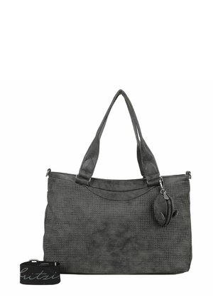 Sac fourre-tout gris texturé avec deux poignées, doté d'un panneau supérieur lisse et d'une pochette ronde amovible. Comprend une sangle à motifs.