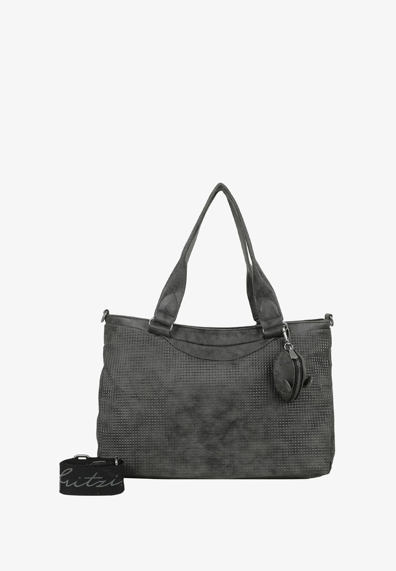 Sac fourre-tout gris texturé avec deux poignées, doté d'un panneau supérieur lisse et d'une pochette ronde amovible. Comprend une sangle à motifs.