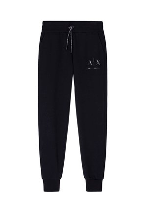 Zwarte joggingsbroek met een trekkoord in de taille, zijzakken, geribde boorden en een bedrukte logo details aan de voorkant. Gemaakt van zachte stof.