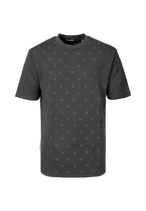 Schwarzes T-Shirt mit kurzen Ärmeln, dezentem geprägtem "HL" Muster und rundem Ausschnitt.
