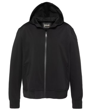 Czarna kurtka z kapturem na zamek, z długimi rękawami, bocznymi kieszeniami, ściągaczami na mankietach i u dołu oraz metką marki Schott wewnątrz kołnierza.