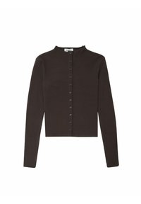 Schwarze langärmlige Strickjacke mit Stehkragen, vorderer Knopfverschluss und glatter Textur. Verfügt über gleichmäßig verteilte Knöpfe an der Vorderseite.