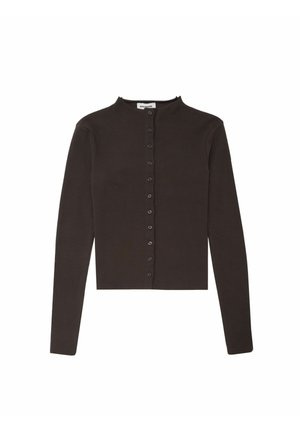 Black long-sleeve cardigan with a mandarin collar, front button closure, and smooth texture. Features evenly spaced buttons along the front.