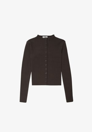 Black long-sleeve cardigan with a mandarin collar, front button closure, and smooth texture. Features evenly spaced buttons along the front.