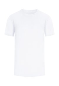 White short-sleeve T-shirt made of cotton, featuring a subtle embossed logo on the front, crew neck design, and a standard fit.