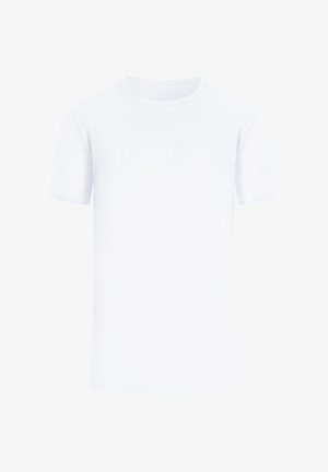 Biała koszulka z krótkim rękawem wykonana z bawełny, z delikatnym wytłoczonym logo z przodu, w klasycznym okrągłym dekolcie i standardowym kroju.
