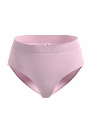 Culotte femme rose clair sans couture à taille haute avec une large ceinture élastique texturée et un tissu lisse.