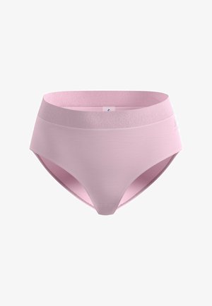 Culotte femme rose clair sans couture à taille haute avec une large ceinture élastique texturée et un tissu lisse.