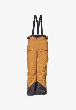 Skidbyxor med justerbara svarta hängslen, lysande orange material, fickor med dragkedja, förstärkta nedre sektioner i mörkgrått och rak passform.