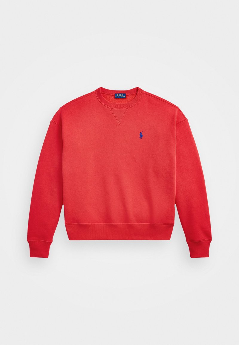 Red sweatshirt made from soft cotton fabric. Features a crew neck, ribbed cuffs, and hem. Small blue logo on the left chest.