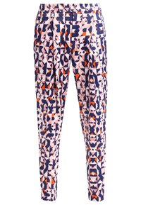 Pantalon fuselé à taille haute, arborant un motif géométrique abstrait en bleu marine, rose et orange.