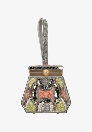 Perlenbesetzte Handtasche mit geometrischen Mustern in Pastellfarben. Verfügt über einen metallischen Verschluss, einen flachen Griff, der mit Strasssteinen verziert ist, und eine strukturierte Form.