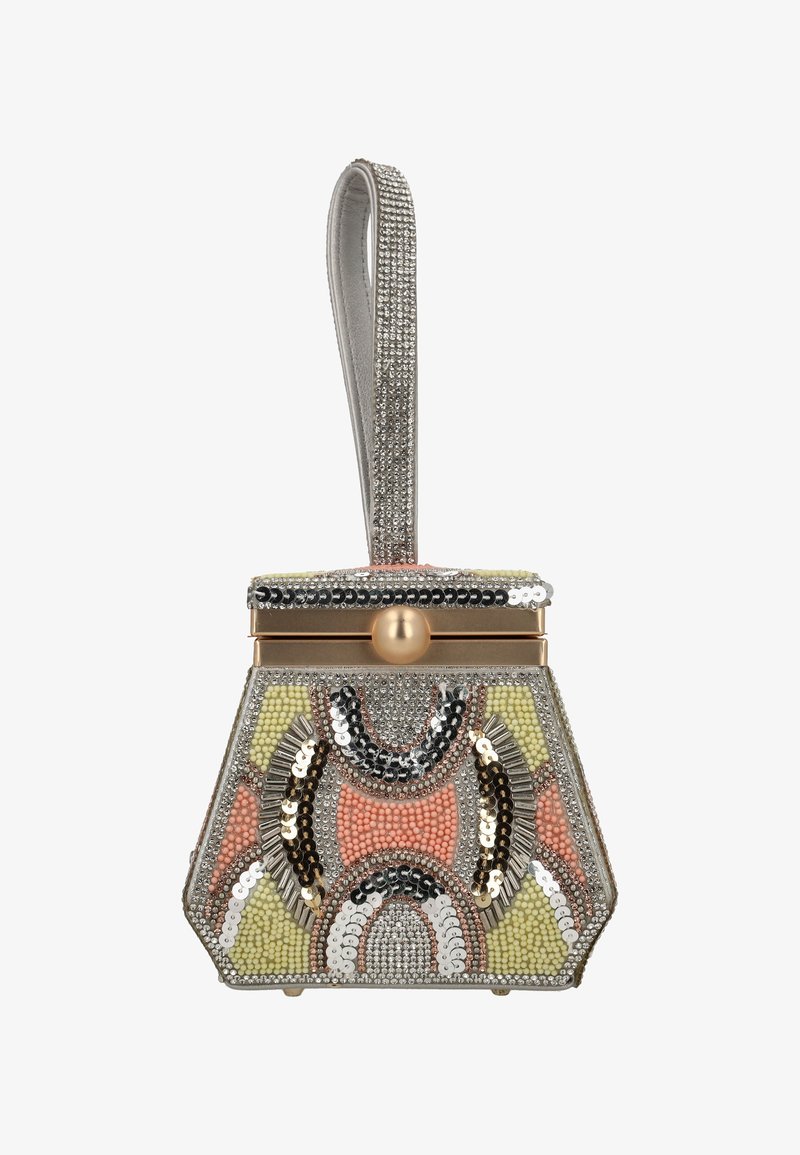 Bolso de mano con cuentas y patrones geométricos en colores pastel. Presenta un cierre metálico, un asa plana adornada con pedrería y una forma estructurada.