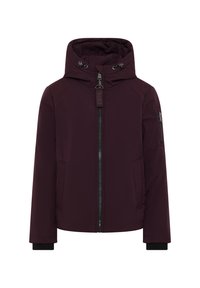 Veste à capuche bordeaux avec une fermeture éclair à l'avant, des poches latérales, des poignets élastiques et un panneau texturé sur les côtés. Finition en tissu lisse.