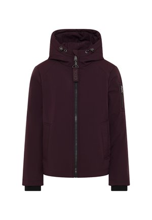 Veste à capuche bordeaux avec une fermeture éclair à l'avant, des poches latérales, des poignets élastiques et un panneau texturé sur les côtés. Finition en tissu lisse.