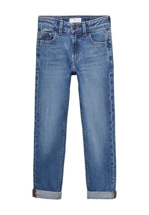 Niebieskie dżinsy z denimu z podwiniętymi mankietami, z przodu zapinane na guziki i zamek błyskawiczny, posiadają trzy przednie kieszenie, ułożone płasko na białym tle.