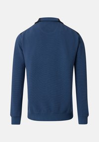 Felpa blu navy con trama a coste, dotata di colletto nero, maniche lunghe e orlo dritto. Nessun branding o motivo visibile.