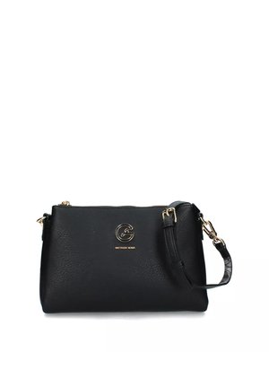 Borsa a tracolla nera in pelle con finitura testurizzata, hardware dorato, chiusura con zip e tracolla removibile. Logo visibile sul fronte.