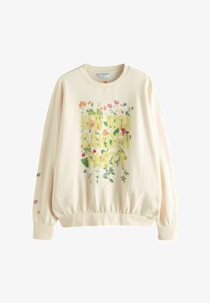 Kremna pulover s krožnim izrezom, okrašen s cvetličnimi grafiki in z napisom "NEW YORK GARDEN PARTY" v debelih črkah. Pletene manšete na rokavih.