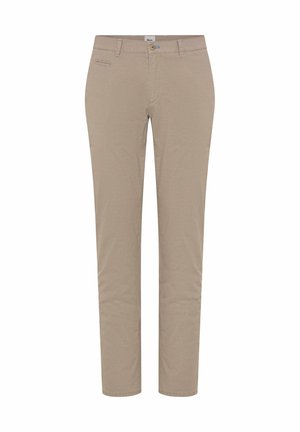 Beige Slim-Fit-Hose mit Gürtelschlaufen, vorderem Knopf, Reißverschluss und kleinem vorderem Taschendetail.