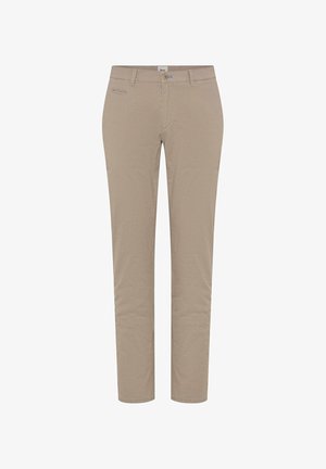 Beige Slim-Fit-Hose mit Gürtelschlaufen, vorderem Knopf, Reißverschluss und kleinem vorderem Taschendetail.
