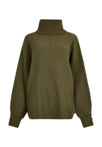 Pull vert olive avec un col haut et replié, des manches chauve-souris et des fentes latérales. Il présente des accents de boutons aux poignets. Texture lisse.