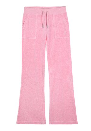 Pink flared sweatpants made of soft fabric, featuring a wide waistband, drawstring, and two front pockets. Smooth texture with subtle heather pattern.