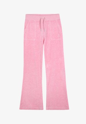 Pantalons de survêtement évasés rose en tissu doux, avec une large taille, un cordon de serrage et deux poches avant. Texture lisse avec un léger motif chiné.