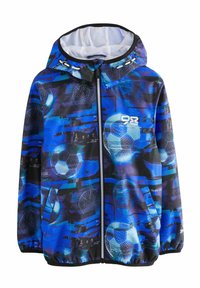 Giacca cappuccio blu e nera con un design grafico di un pallone da calcio, chiusura a zip e polsini elastici per una vestibilità aderente.